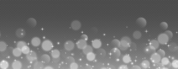 White bokeh with stars and sparkles, shiny overlay decoration isolated on grey background. Vector illustration. © Likanaris