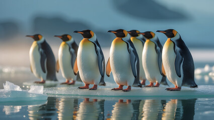 Obraz premium Group of penguins standing on ice in a serene Antarctic landscape during early morning