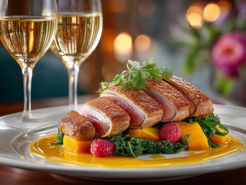 Delicious dish with medium rare duck breast decorated with vegetables with honey sauce presented with white wine. Culinary art, restaurant menu and romantic date idea.