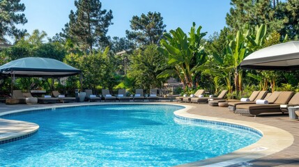 Tranquil poolside retreat with sun loungers and lush tropical foliage in a relaxing setting under a clear blue sky