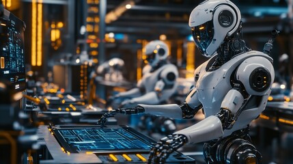 Fototapeta premium Advanced Futuristic Robots Working on High Tech Control Panel Digital Interface Artificial Intelligence Technology Modern Factory Automation Industry 