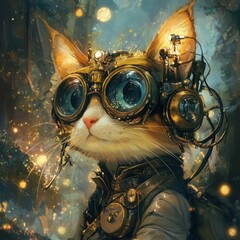 Steampunk cat exploring glowing forest