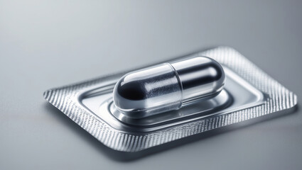 Clear capsule on a silver blister pack displayed against a gray background with soft lighting highlighting its texture
