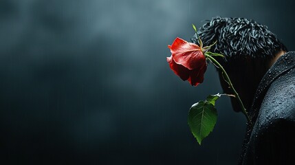   A close-up photo of someone wearing a flower in their hair and a raindrop on their forehead, with a red rose in the foreground
