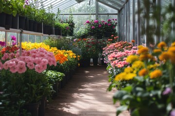 Lush Greenhouse Blooms: A Colorful Display of Herbs and Flowers in a Vibrant Garden Setting