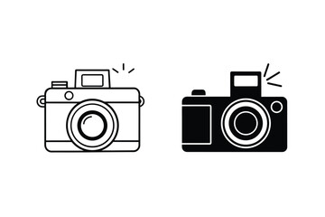 Two Retro Camera Icons Black And White Line Art Illustration Design