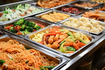 Fototapeta premium Diverse Asian Menu: A Tantalizing Buffet Featuring Spring Rolls, Samosas, Fried Noodles, Savory Soups, Rice, and Dumplings