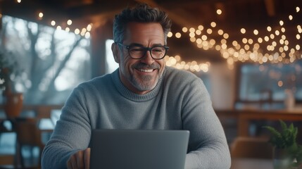 Obraz premium Smiling mature freelancer working on laptop in cozy cafe with fairy lights