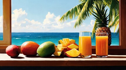   Oranges, Mangoes & Pineapples on Window Sill - Ocean View