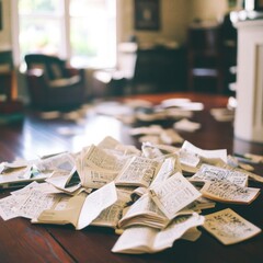 Papers scattered on wood table, living room background, home office clutter