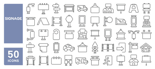 Set of 50 line icons related to signage, outdoor advertising, advertisement, signboard, stand, banner, finger post, road sign, billboard, Editable stroke. Vector illustration