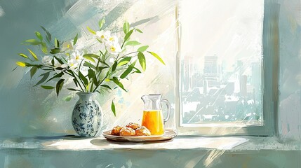   A vibrant image captures a vase brimming with blossoms, a platter bursting with succulent fruits, and an orange juice glass perched on a windowsill