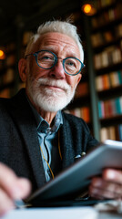 Elderly man attending an online course on a tablet,