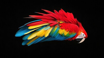 Fototapeta premium A parrot with vibrant feathers of red, yellow, and blue spreads its wings and flies in the sky