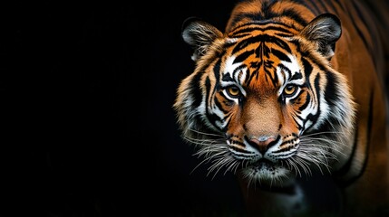 Naklejka premium Close-up of a tiger's face on black background, blurred head