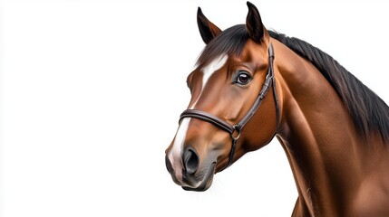 Chestnut horse posing with bridle on white background