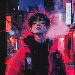 Red-clad youth, neon alley, night city, pensive pose, album art