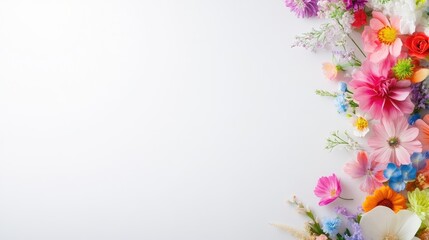 Naklejka premium A vibrant bouquet of colorful flowers arranged vertically on a pristine white background, showcasing a variety of floral species and hues, and elegant floral arrangement.