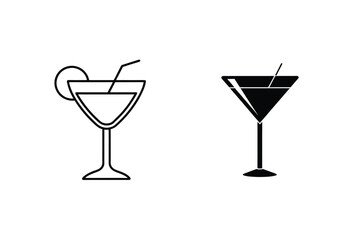 Two Cocktail Glass Silhouettes Outlined And Solid On A White Background