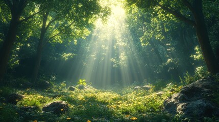 Obraz premium Lush forest path sunlight