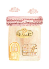 Cozy watercolor bakery illustration with cute details, soft colors, and a whimsical vibe. Perfect for childrens books, prints, packaging, or cafe branding.