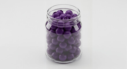 Glass jar filled with purple objects on a plain white background
