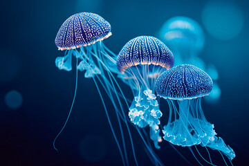 crystal jellyfish with softly glowing appendages drifting in midnight blue depths