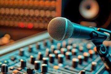 Vintage Microphone and Recording Gear in Control Room for Audio and Video Production
