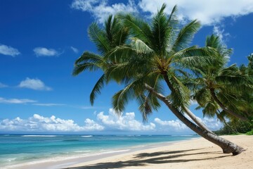 Obraz premium Tropical Serenity: Coconut Palm Trees Framing a Pristine Sandy Beach Under a Clear Sky