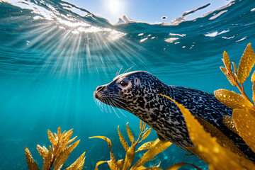 Obraz premium harbor seal lounging amid swaying kelp blades, sunbeams filtering through turquoise water