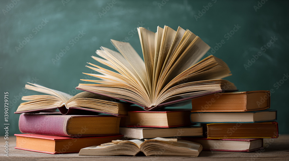 Poster stack of open and closed vintage books on wooden table against teal background, showcasing knowledge