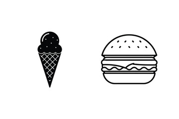 Black Ice Cream Cone And Outline Hamburger Vector Illustration Food Icon