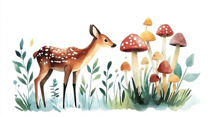   Watercolor painting of deer in mushroom field with baby deer