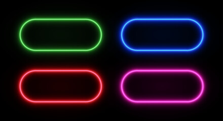 Neon glow rounded rectangle frame. Button led border light. Laser vector set of title templates on black background.