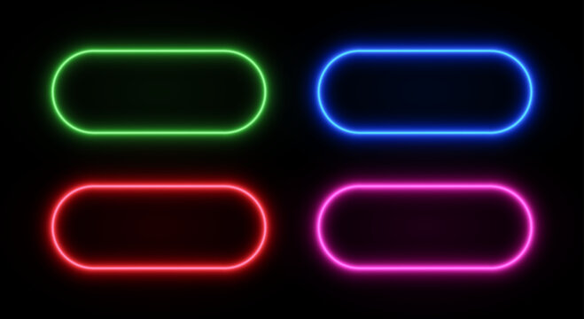 Neon glow rounded rectangle frame. Button led border light. Laser vector set of title templates on black background.