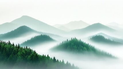   A hazy mountain landscape featuring dense foliage up front and a shrouded backdrop, with low-lying misty clouds surrounding the base