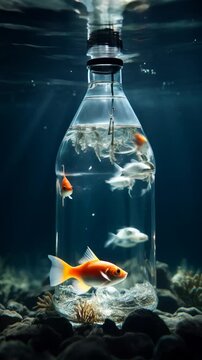 A fish inside a plastic bottle due to sea pollution, ocean ecosystem, environmental crisis vertical