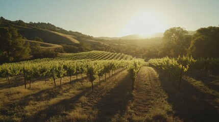 Fototapeta premium Sunset vineyard rows, hillside landscape, golden hour, agriculture, wine