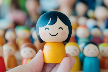Holding a wooden doll with a cheerful face amongst other dolls, a symbol of joy and inclusivity in playtime and creative learning environments.