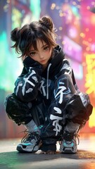 Una joven con el pelo recogido en moños, con una sudadera con capucha con estampado de caligrafía china, se agacha en una calle iluminada con luces de neón.