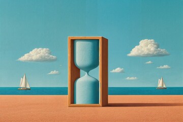 Reloj de arena en una playa con barcos a vela en el mar y nubes en el cielo.