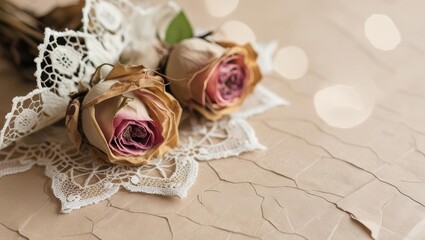 Dried pink and light brown roses, decorated with white lace, on a cracked light brown paper background with bokeh lights. Vintage and delicate style