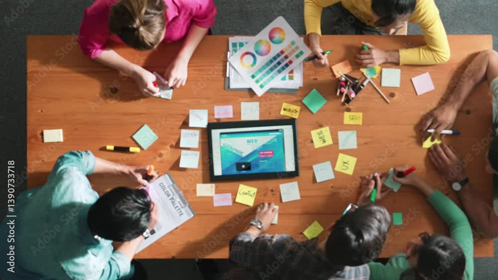 Poster top view of skilled business people working together to design web design. aerial view of designer b