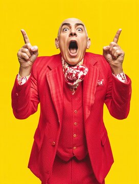 Un hombre calvo con un traje rojo brillante y un pa&ntilde;uelo a cuadros levanta los dedos y abre la boca con una expresi&oacute;n de sorpresa o entusiasmo.