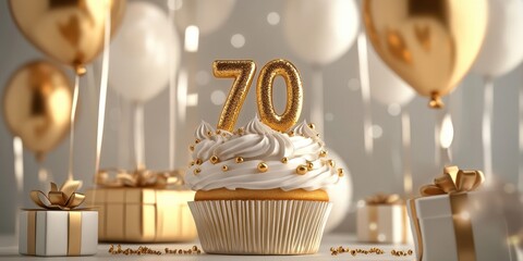Luxurious Gold 70th Birthday Invitation with Cupcake, Balloons, and Gifts for a Grand Celebration