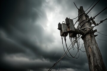 Un poste de tel&eacute;fono contra un cielo tormentoso. Cables y transformadores se extienden hacia arriba.