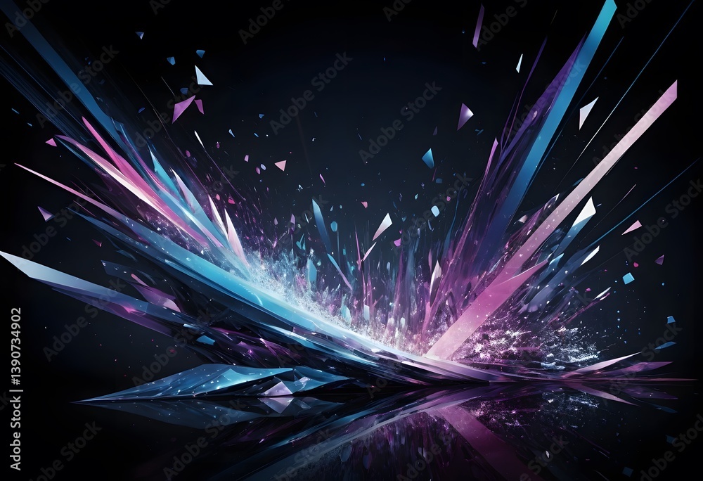 Poster abstract light reflections in dark space, vibrant colors emerge. shimmering prismatic shards dance. 