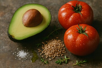 Fresh Avocado and Tomato Ingredients with Olive Oil and Herbs
