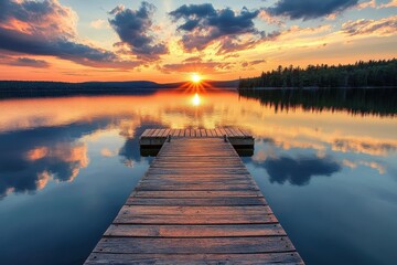 Obraz premium Tranquil Sunset Reflections on a Maine Lake with a Serene Dock View