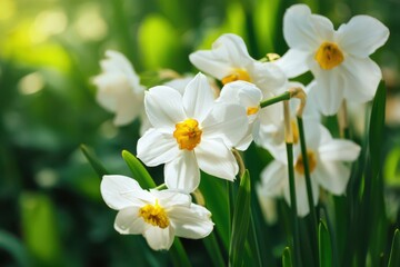 A close-up of white daffodils with yellow center blossoms, set against a blurred background